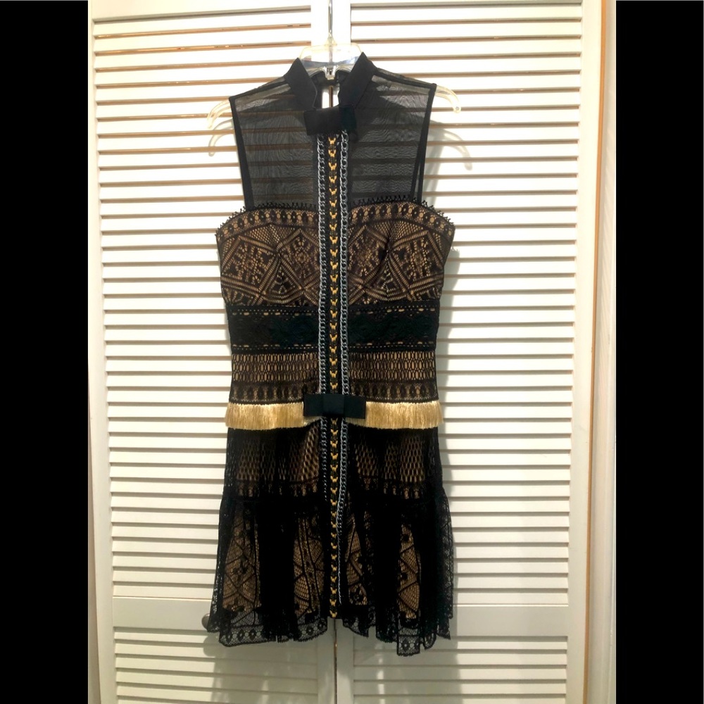 RARE Byron Lars Beauty Mark lace dress w/raffia braid, grosgrain & chain detail!